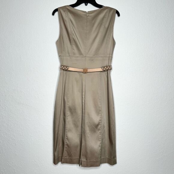 Kay Unger Champagne Satin Embellished Pearl Belt Sleeveless Midi Dress Size 12 - Picture 5 of 10